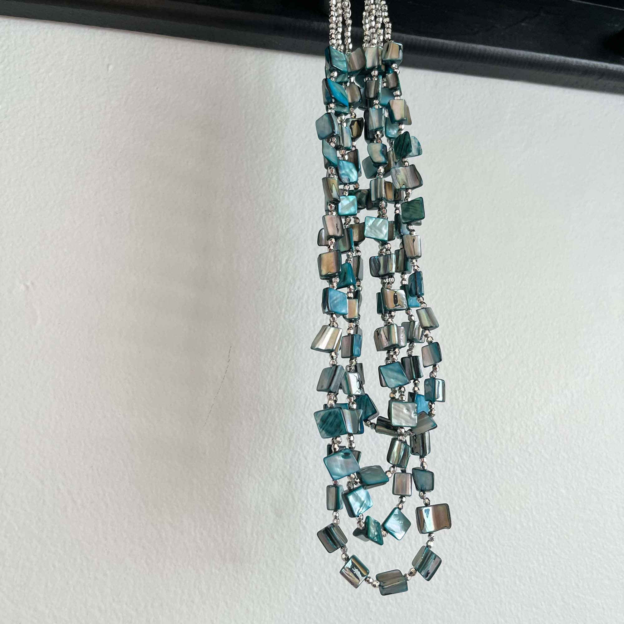 VINTAGE TURQUOISE SHELL AND SILVER MULTI STRAND NECKLACE