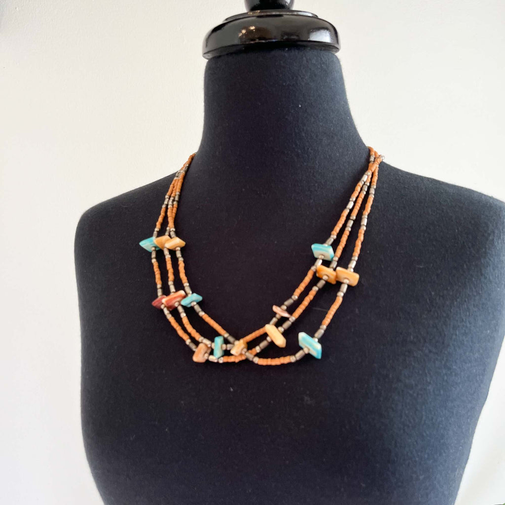 VINTAGE MULTI STRAND TURQUOISE AND WOOD BEAD NECKLACE