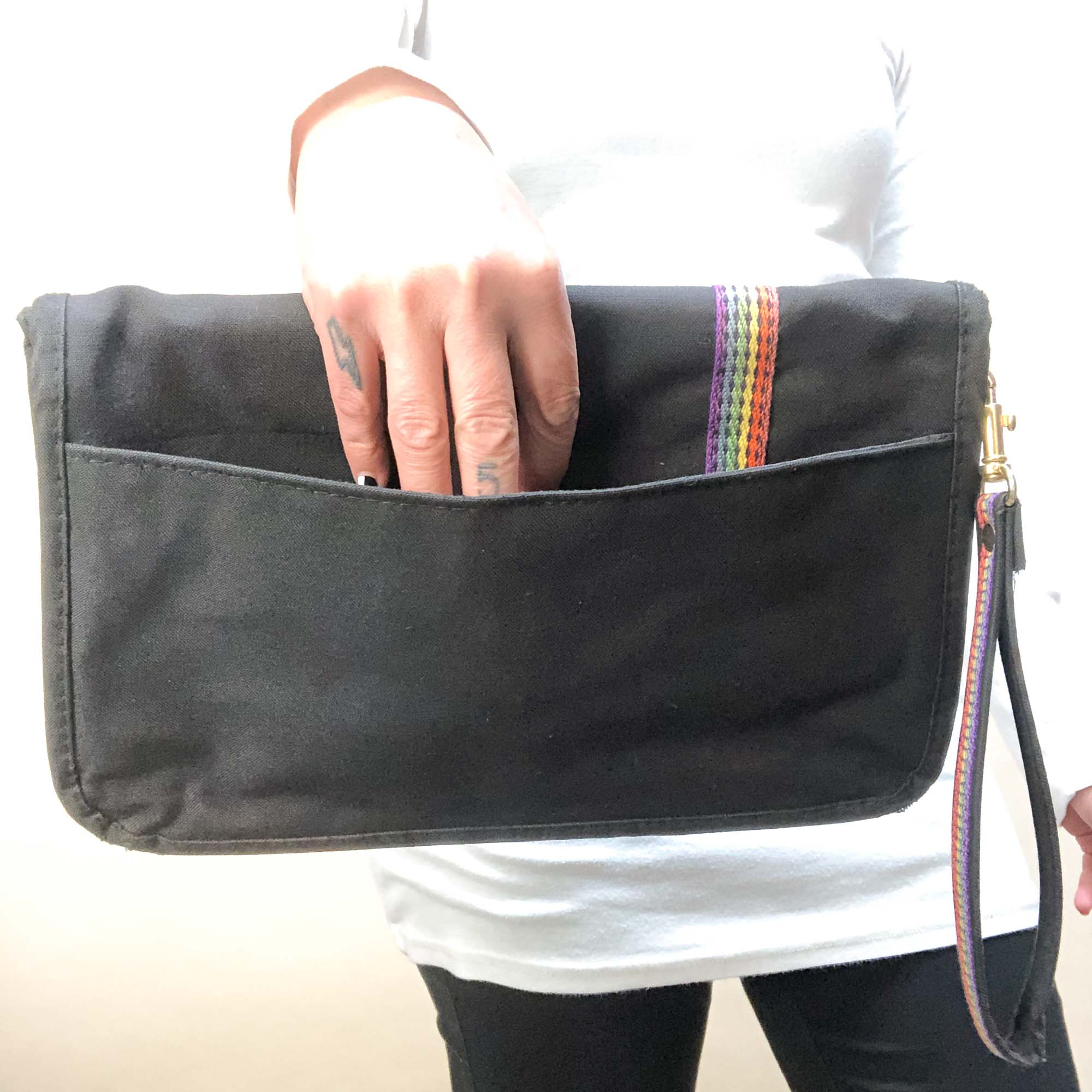 VINTAGE BLACK AND RAINBOW FOLD OVER CLUTCH BAG ALL YEAR LONG BAG
